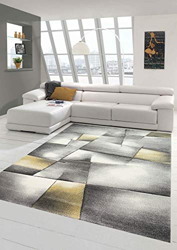 Teppich-Traum Teppich modern Teppich Wohnzimmer Teppich Kurzflor in Pastell gelb grau Größe 80 x 300 cm von Teppich-Traum