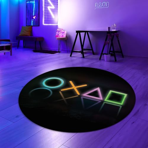 Teppich-Traum Teppich rund Gamer-Zimmer Jugendzimmer Wohnzimmer modernes Design LED-Optik rutschfest pflegeleicht strapazierfähig langlebig in Schwarz & Neonfarben 80 cm Rund von Teppich-Traum