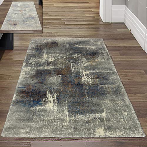 Teppich-Traum Vorleger Bett Garderobe – abstraktes Muster – hell dunkel Effekt Mehrfarbig grau blau, Größe 80x150 cm von Teppich-Traum