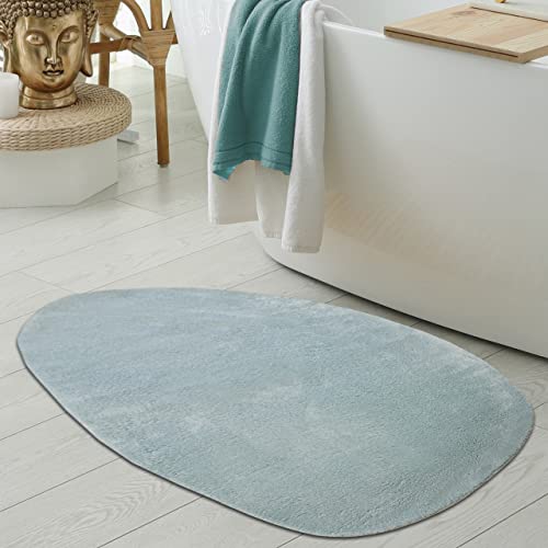 Teppich-Traum Waschbare Badezimmer Duschvorleger-Teppiche • rutschfest & schön weich • in blau, 80x120 cm Oval von Teppich-Traum
