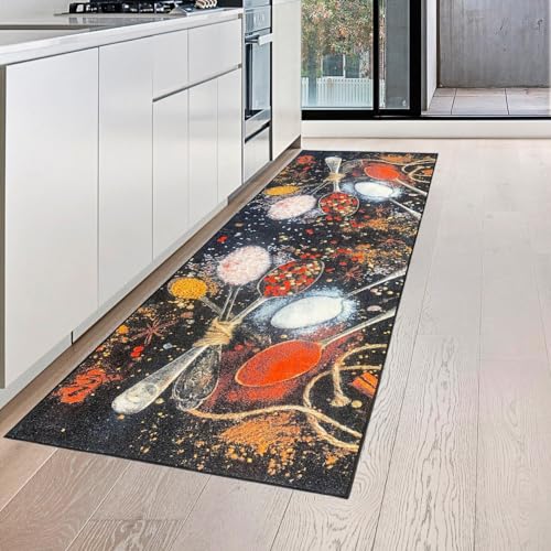 Teppich-Traum Waschbarer Küchenläufer schwarz mit Gewürzen in gelb rot mit Löffeln, 80 x 300 cm von Teppich-Traum