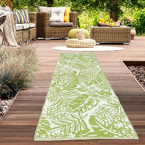 Teppich-Traum Wasserfester Outdoor Teppich wetterfest Plastik Kunststoff Gartenteppich Campingmatte Picknick Läufer lang Blätter-Design hell-grün 90 x 300 cm von Teppich-Traum