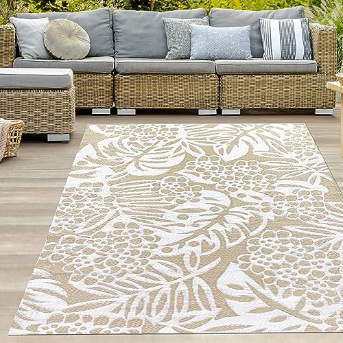 Teppich-Traum Wetterfester Outdoor Teppich Kunststoff wasserfest Garten Balkon Terrasse Camping Blätter-Design beige 120 x 170 cm von Teppich-Traum