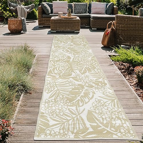 Teppich-Traum Wetterfester Outdoor Teppich Kunststoff wasserfest Garten Balkon Terrasse Camping Läufer lang Blätter-Design beige 90 x 300 cm von Teppich-Traum