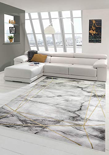 Teppich-Traum Wohnzimmer Designerteppich Marmor Optik mit Glanzfasern in grau Gold, Größe 200 x 290 cm von Teppich-Traum