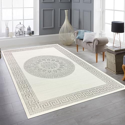 Teppich-Traum Wohnzimmer Schlafzimmer Teppich Kurzflor Designerteppich Orient modern edel elegant glänzend Creme grau 140x200 cm von Teppich-Traum