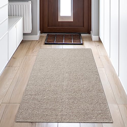 Teppich-Traum Wollteppich handgewebt Flur Korridor Designer langlebig weich modern Uni beige, 90 x 160 cm von Teppich-Traum