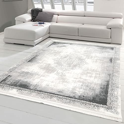 Teppich-Traum Wollteppich mit Verzierungen & Ornamenten | gefranst | abstrakt in grau Größe 160x230 cm von Teppich-Traum
