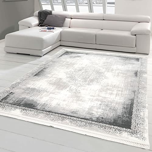 Teppich-Traum Wollteppich mit Verzierungen & Ornamenten | gefranst | abstrakt in grau Größe 200 x 290 cm von Teppich-Traum