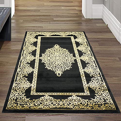 Teppich-Traum eleganter Teppichläufer für Flur & Diele | Bettvorleger | goldene Verzierungen auf schwarz, Größe 60x110 cm von Teppich-Traum