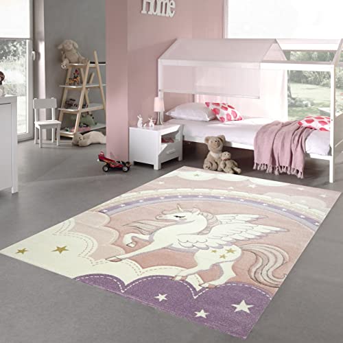 Teppich-Traum großer Kinderzimmer Spielteppich • Öko-Tex Zertifiziert: schadstofffrei • Einhorn Regenbogen Wolken Creme rosa, Größe 200 x 290 cm von Teppich-Traum