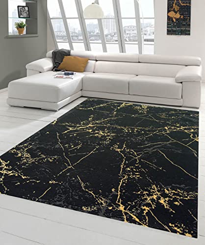 Teppich-Traum großer moderner Wohnzimmerteppich | Empfang Diele | abstraktes Muster in schwarz Gold, Größe 200 x 290 cm von Teppich-Traum