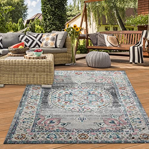 Teppich-Traum großer orientalischer Vintage WOHNZIMMERTEPPICH für In- & Outdoor TERRASSE Blumenmotiv grau blau Größe 240 x 340 cm von Teppich-Traum