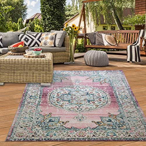 Teppich-Traum großer orientalischer Vintage WOHNZIMMERTEPPICH für In- & Outdoor TERRASSE buntes Blumenmotiv rosa Größe 240 x 340 cm von Teppich-Traum