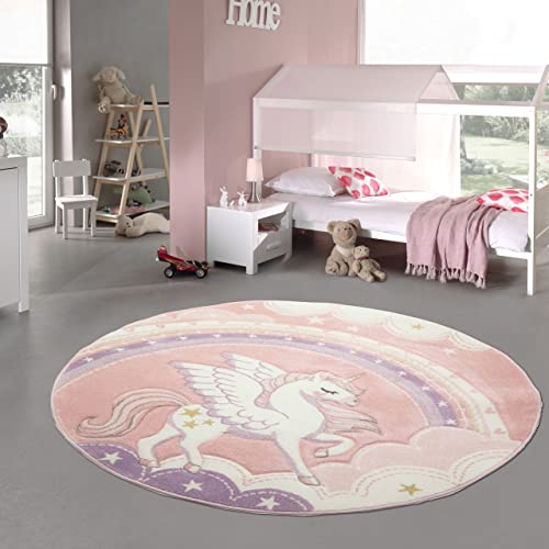 Teppich-Traum kreisförmiger Kinderzimmer Spielteppich • strapazierfähig • Einhorn Regenbogen Wolken Creme rosa, Größe 120 cm rund von Teppich-Traum