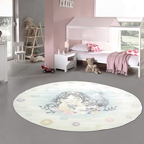 Teppich-Traum kreisförmiger Kinderzimmer Spielteppich • strapazierfähig • Meerjungfrau Blumen Seifenblasen Creme türkis, Größe 120 cm rund von Teppich-Traum