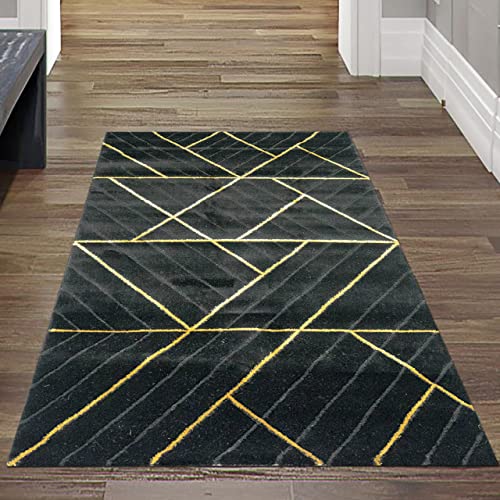 Teppich-Traum moderner Designer Kurzflorteppich LÄUFER mit geometrischem Muster in schwarz Gold, Größe 60x110 cm von Teppich-Traum