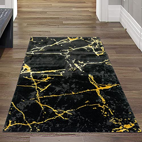Teppich-Traum moderner Kurzflorteppich KORRIDOR abstraktes Marmor Muster in schwarz Gold, Größe 80x150 cm von Teppich-Traum