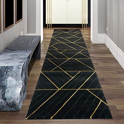 Teppich-Traum moderner Kurzflorteppich KORRIDOR geometrisches Muster in schwarz Gold, Größe 80 x 300 cm von Teppich-Traum