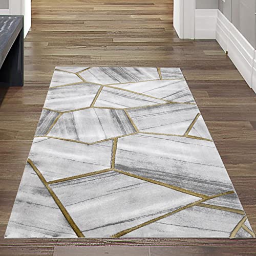 Teppich-Traum moderner Kurzflorteppich LÄUFER mit geometrischem Muster in grau Gold, Größe 60x110 cm von Teppich-Traum