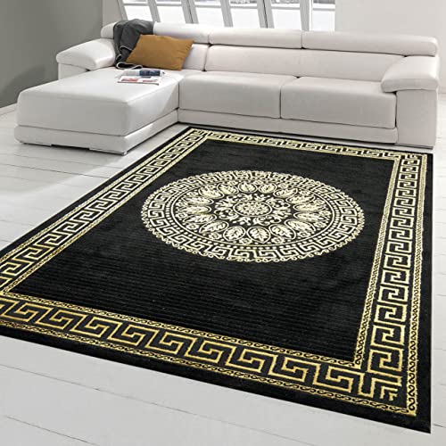 Teppich-Traum moderner Schlafzimmerteppich mit Mäander Muster in schwarz Gold, Größe 200 cm Quadrat von Teppich-Traum