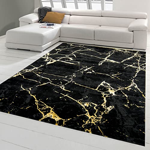 Teppich-Traum moderner Schlafzimmerteppich mit abstraktem Marmor Muster in schwarz Gold, Größe 200 cm Quadrat von Teppich-Traum