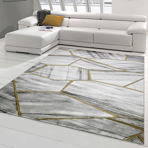 Teppich-Traum moderner Schlafzimmerteppich mit geometrischem Muster in grau Gold, Größe 200 cm Quadrat von Teppich-Traum