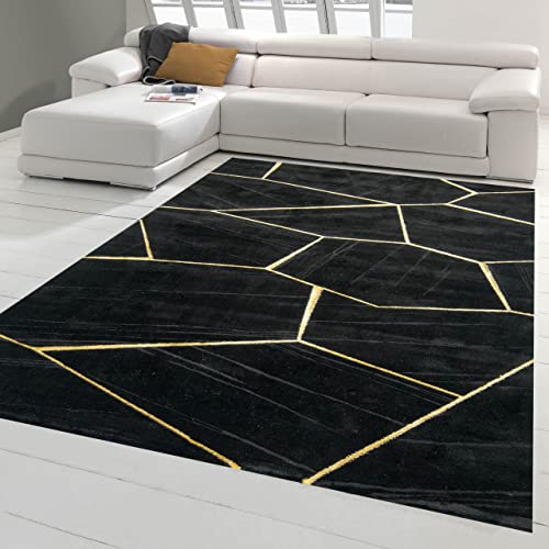 Teppich-Traum moderner Schlafzimmerteppich mit geometrischem Muster in schwarz Gold, Größe 160x230 cm von Teppich-Traum