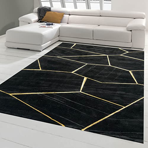 Teppich-Traum moderner Schlafzimmerteppich mit geometrischem Muster in schwarz Gold, Größe 200 cm Quadrat von Teppich-Traum