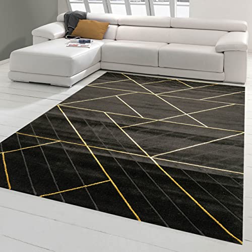 Teppich-Traum moderner Schlafzimmerteppich mit geometrischem Muster in schwarz Gold, Größe 200 cm Quadrat von Teppich-Traum