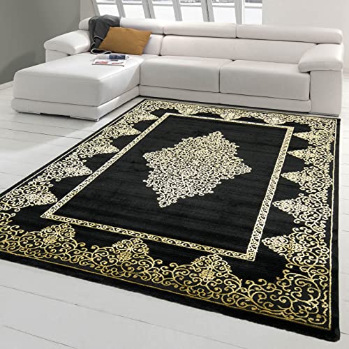 Teppich-Traum moderner Teppich für Wohnzimmer | pflegeleicht | goldene Verzierungen auf schwarz, Größe 200 x 290 cm von Teppich-Traum