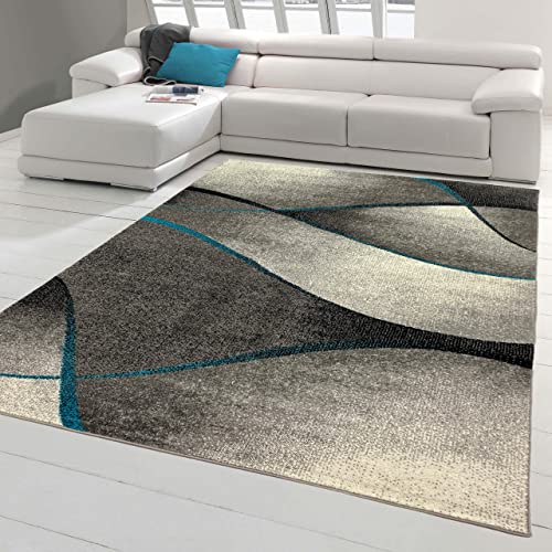 Teppich-Traum moderner Wohnzimmer Teppich Wellen Design in blau grau anthrazit - pflegeleicht & strapazierfähig (Ökotex) Größe 120x170 cm von Teppich-Traum