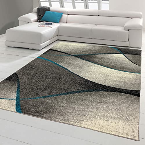 Teppich-Traum moderner Wohnzimmer Teppich Wellen Design in blau grau anthrazit - pflegeleicht & strapazierfähig (Ökotex) Größe 140x200 cm von Teppich-Traum