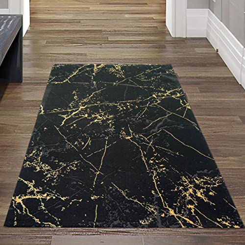 Teppich-Traum moderner Wohnzimmerteppich LÄUFER mit abstraktem Muster in schwarz Gold, Größe 80x150 cm von Teppich-Traum
