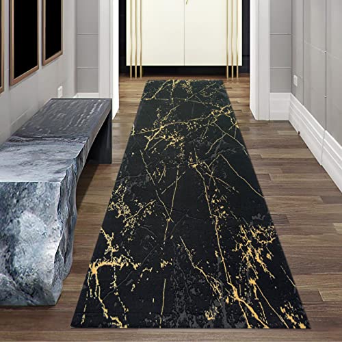 Teppich-Traum moderner Wohnzimmerteppich | Langer LÄUFER | abstraktes Muster in schwarz Gold, Größe 80 x 300 cm von Teppich-Traum