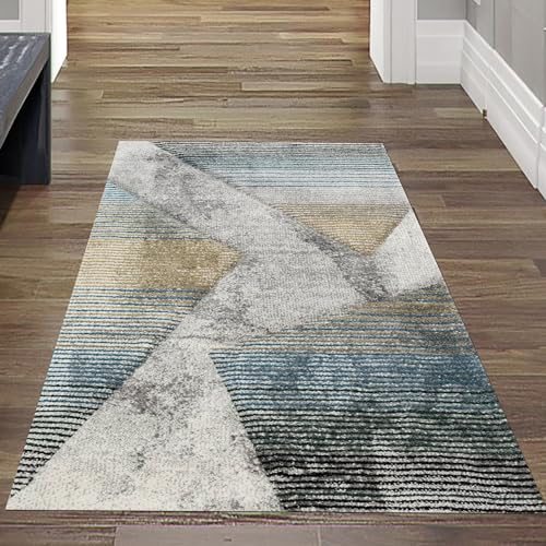 Teppich-Traum moderner Wohnzimmerteppich abstraktes Muster gestreift Mehrfarbig grau blau Gold - pflegeleicht Größe 60x110 cm Teppich-Traum moderner Wohnzimmerteppich abstraktes Muster gestreift Mehrfarbig grau blau Gold - pflegeleicht Größe 60x110 cm von Teppich-Traum