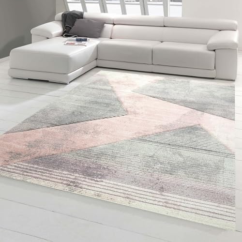 Teppich-Traum moderner Wohnzimmerteppich abstraktes Muster gestreift grau rosa grün - pflegeleicht Größe 240 x 340 cm von Teppich-Traum