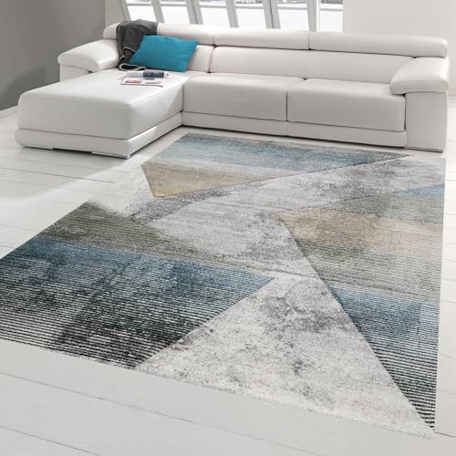 Teppich-Traum moderner Wohnzimmerteppich abstraktes Muster gestreift Mehrfarbig grau blau Gold - pflegeleicht Größe 160x230 cm von Teppich-Traum