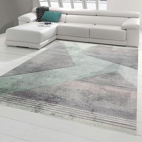 Teppich-Traum moderner Wohnzimmerteppich abstraktes Muster gestreift schwarz grau grün rosa - pflegeleicht Größe 140x200 cm von Teppich-Traum