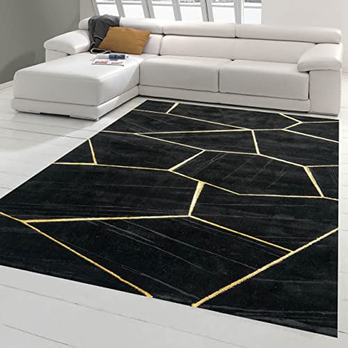 Teppich-Traum moderner Wohnzimmerteppich mit geometrischem Muster in schwarz Gold, Größe 120x170 cm von Teppich-Traum