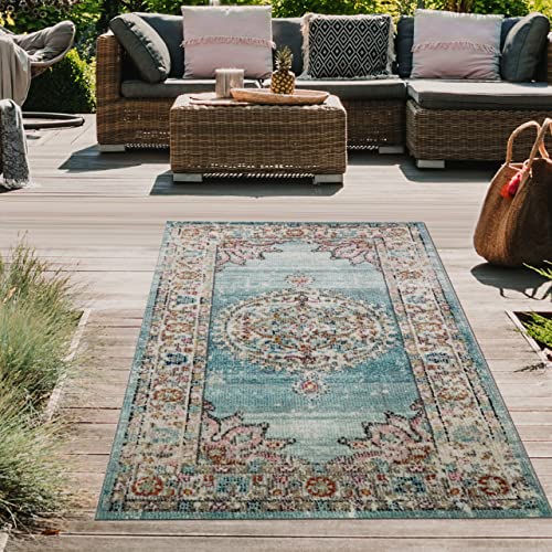 Teppich-Traum orientalischer Vintage LÄUFER für In- & Outdoor buntes Blumenmotiv türkis Größe 80x150 cm von Teppich-Traum