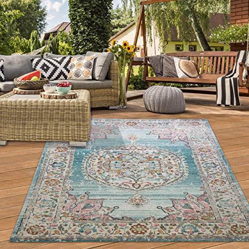 Teppich-Traum orientalischer Vintage WOHNZIMMERTEPPICH für In- & Outdoor TERRASSE buntes Blumenmotiv türkis Größe 160x230 cm von Teppich-Traum