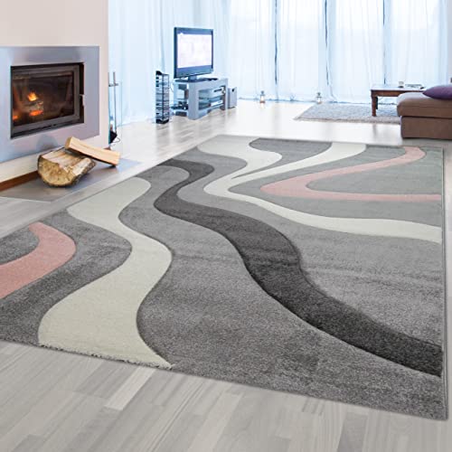 Teppich-Traum rosa weiß Grauer Teppich mit Wellendesign | pflegeleicht & praktisch, 200 x 290 cm von Teppich-Traum