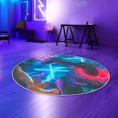 Teppich-Traum runder Gaming-Teppich auffällig lebendig-bunten neon-farbigen Symbolen schwebendem Controller 120 cm Rund von Teppich-Traum