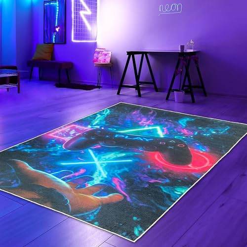 Teppich-Traum runder Gaming-Teppich auffällig lebendig-bunten neon-farbigen Symbolen schwebendem Controller 80 cm Rund von Teppich-Traum