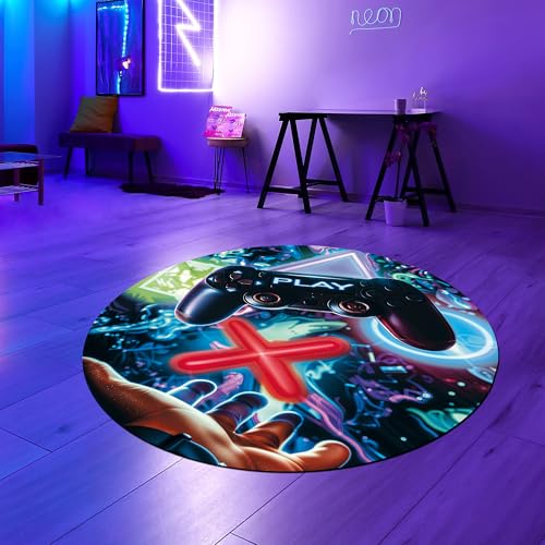 Teppich-Traum runder Gaming-Teppich auffällig lebendig-bunten neon-farbigen Symbolen schwebendem Controller 80 cm Rund von Teppich-Traum