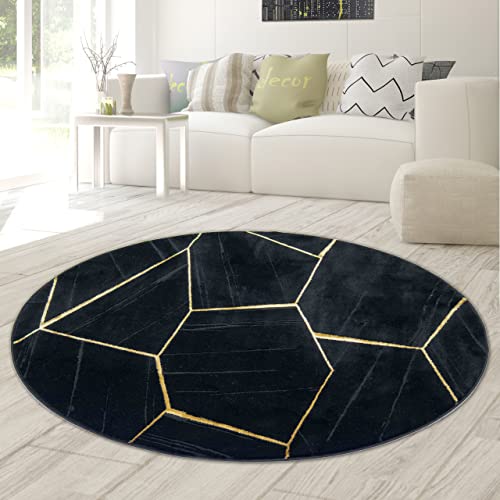 Teppich-Traum runder Wohnzimmerteppich mit geometrischem Muster in schwarz Gold, Größe 200 cm rund von Teppich-Traum