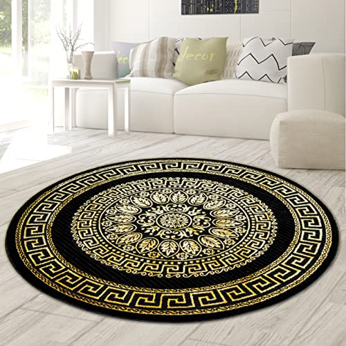 Teppich-Traum runder pflegeleichter Wohnzimmerteppich mit Mäander Muster in schwarz Gold, Größe 160 cm rund von Teppich-Traum