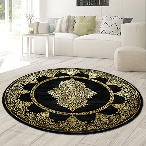 Teppich-Traum runder pflegeleichter Wohnzimmerteppich mit goldenen Verzierungen auf schwarz, Größe 160 cm rund von Teppich-Traum