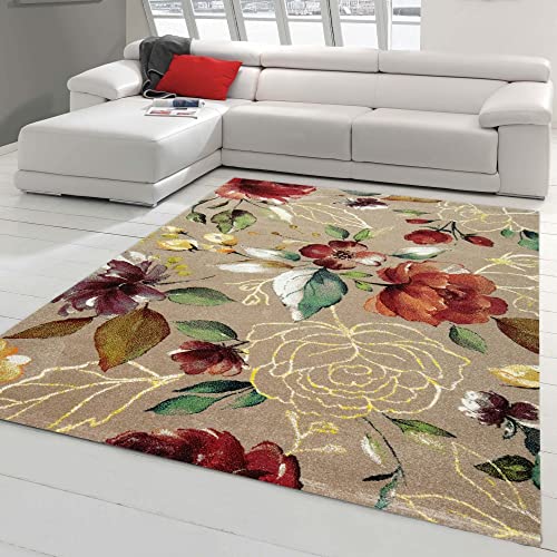 Teppich-Traum wunderschöner Teppich mit bunten Blumen | 13 mm Kurzflor | Taupe, Größe 200 x 290 cm von Teppich-Traum